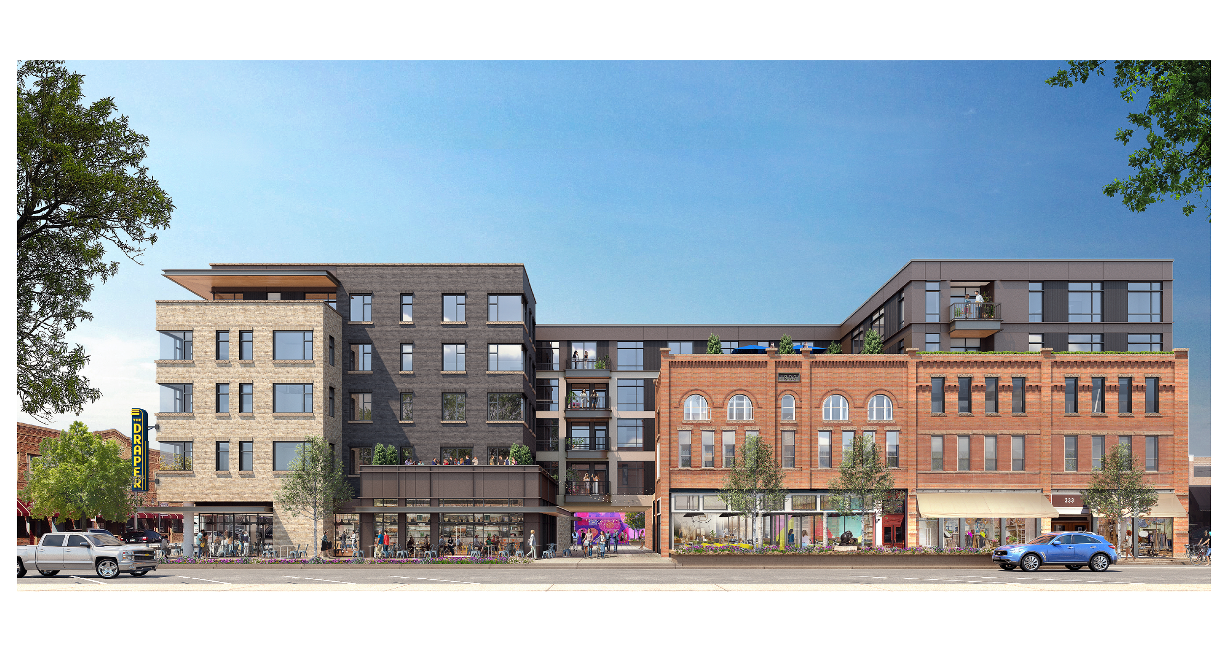 A multi-story mixed-use building with retail shops on the ground level and apartment units above, featuring modern and historic architectural styles, with pedestrians, parked cars, and trees along the street.