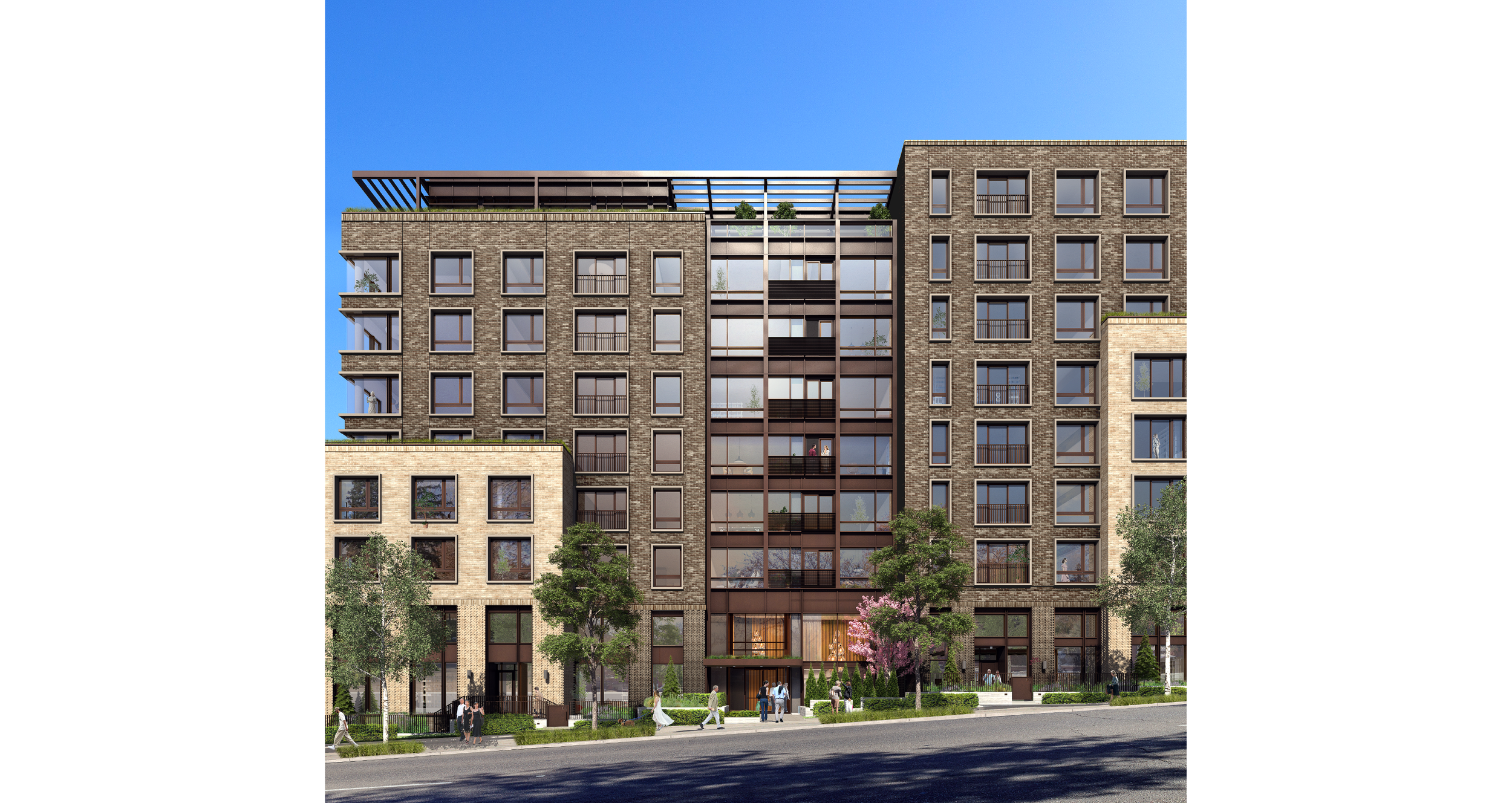 Modern multi-story apartment building with brick and glass facade, trees and people walking on the sidewalk in front, clear blue sky.