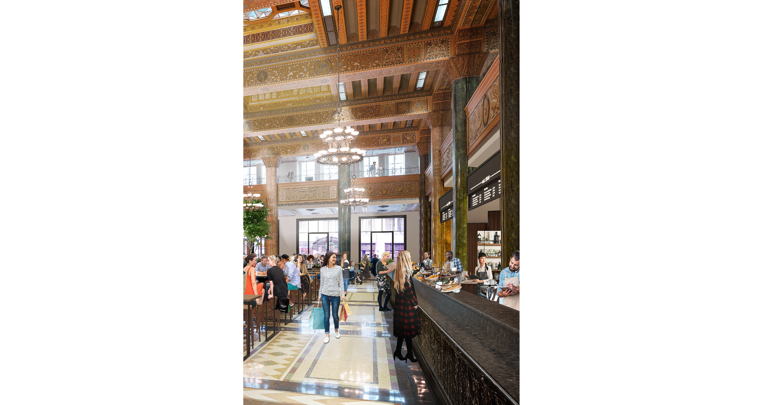 Interior of a busy café or restaurant with ornate ceiling and decor, people sitting at tables and ordering at the counter, large windows letting in natural light.