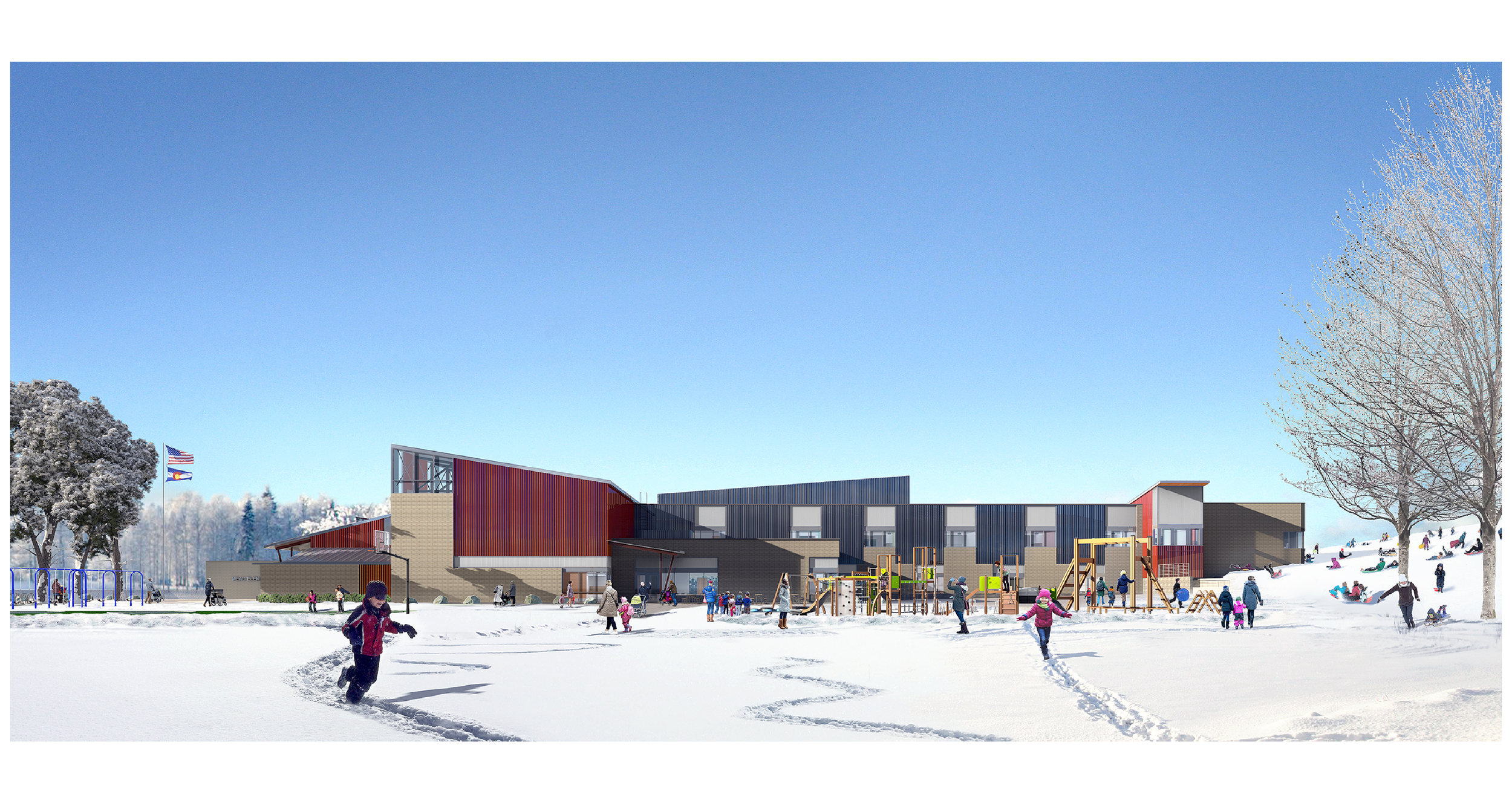 A snowy school playground with children playing, a modern school building with red and blue exterior, snow-covered trees, and a clear blue sky.