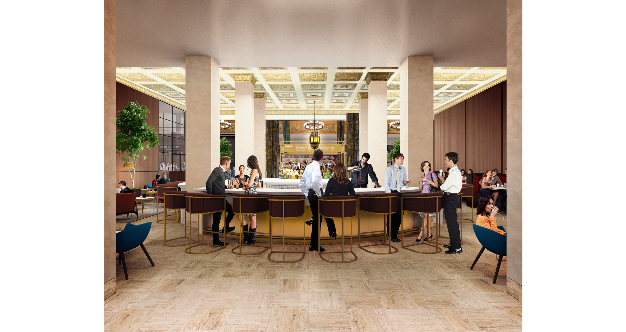An elegant hotel bar with people socializing, some seated and others standing, surrounded by tall columns, decorative ceiling, greenery, and a well-stocked bar in the background.