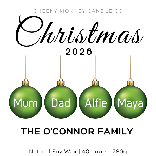 Christmas 2026 with green named baubles & family name
