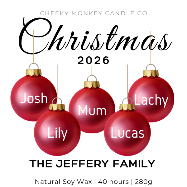 Christmas 2026 with red named baubles & family name