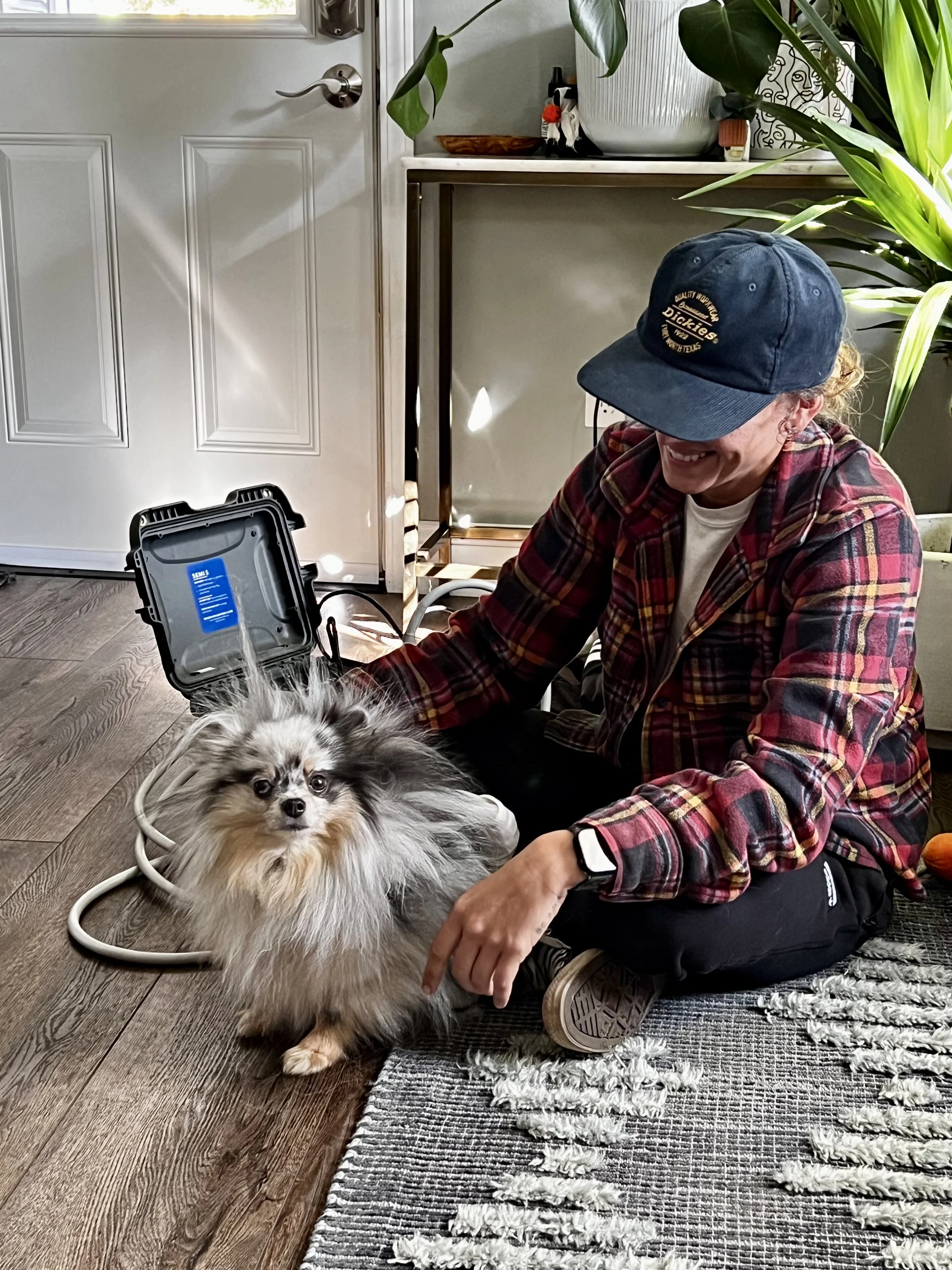 A person in a plaid jacket and a blue baseball cap smiling and kneeling on a textured rug, looking at a small, fluffy dog with a long coat and alert expression. The dog is receiving PEMF treatment
