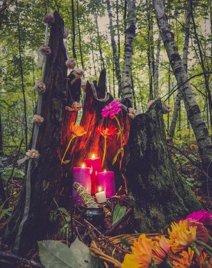 A small forest shrine with glowing purple candles, flowers, and a tree trunk decorated with ribbons and dried flowers in a wooded area.