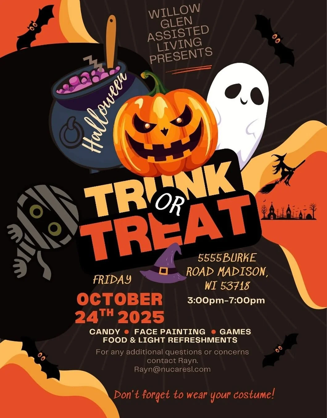 🎃 Join Us for a Spooktacular Trunk or Treat! 👻

Willow Glen Assisted Living is excited to host our Halloween Trunk or Treat on Friday, October 24th, 2025, from 3:00 PM &ndash; 7:00 PM at 5555 Burke Road, Madison, WI 53718!

Bring your family, frien