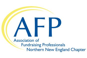 Logo of the Association of Fundraising Professionals Northern New England Chapter with blue text and yellow circular design.