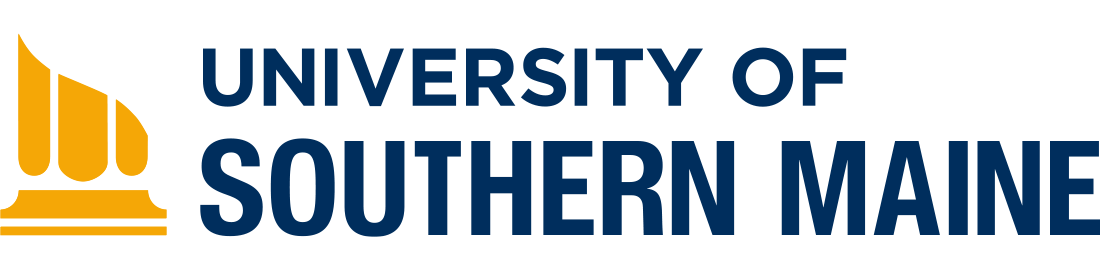 University of Southern Maine logo with stylized gold torch and blue text.