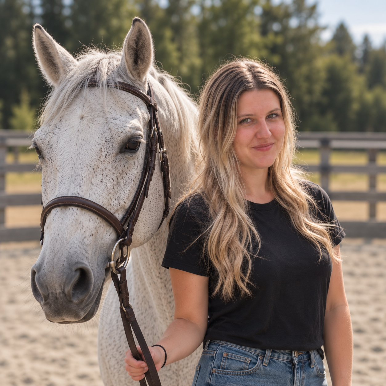A woman with long blonde hair standing next to a white speckled horse, holding its reins, in an outdoor riding arena with trees in the background.