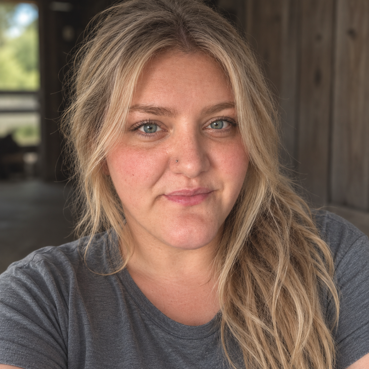 Close-up of a blonde woman with blue eyes and a nose piercing, wearing a gray t-shirt, indoors with wooden walls and windows in the background.