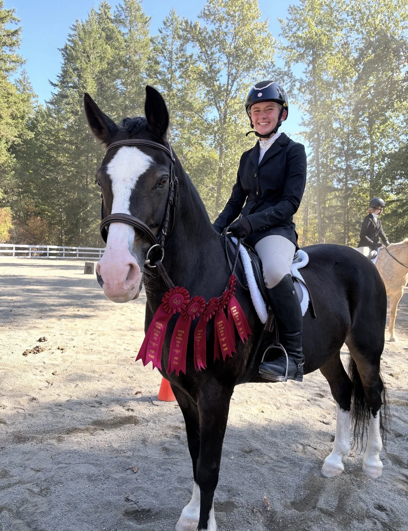 A young girl riding a black horse with a white face, wearing a black helmet and riding attire, outdoors with other riders in the background, trees and blue sky visible.