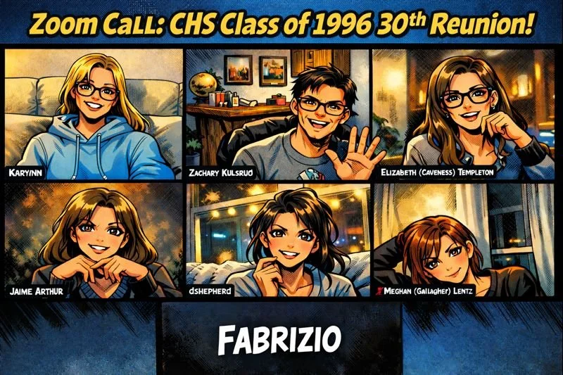 Comic-style illustration of six classmates from the CHS Class of 1996, participating in a 30th reunion call, with names: Karynn, Zachary Kulslug, Elizabeth (Caveness) Templeton, Jaime Arthur, dshepherd, Meghan (Gallagher) Lentz, and Fabrizio.