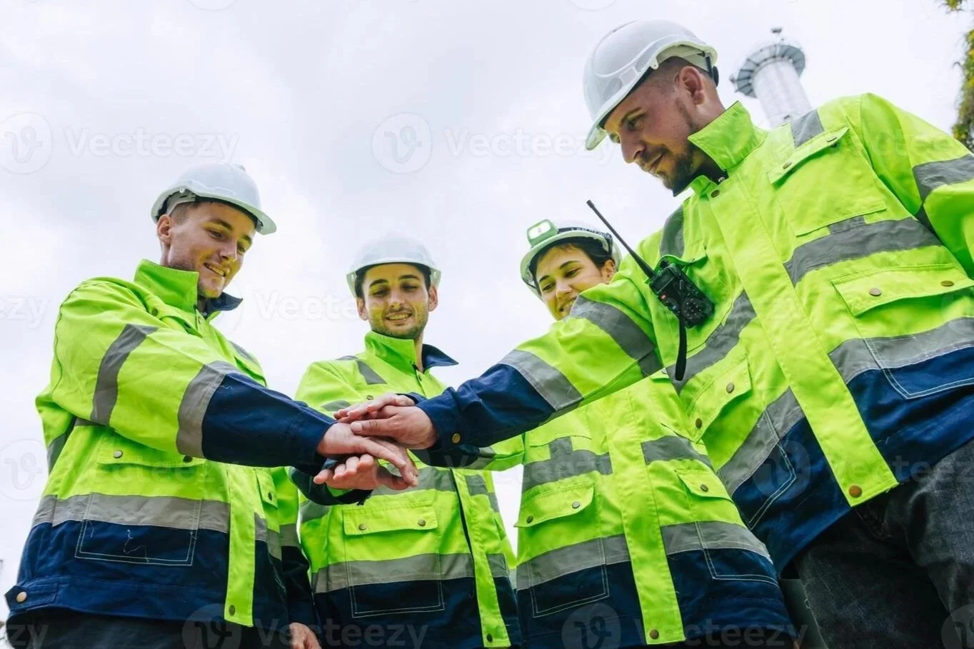 Group of five construction workers wearing high-visibility green jackets and white hard hats placing their hands together in a huddle outside on a cloudy day.