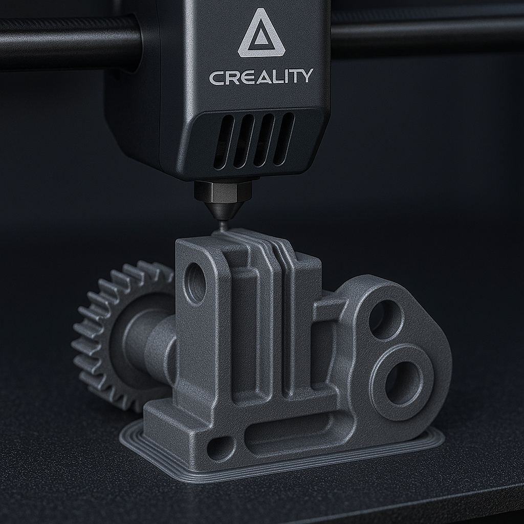 A Creality 3D printer nozzle extrudes filament onto a gray 3D printed gear component, which is positioned on the printer's build plate.