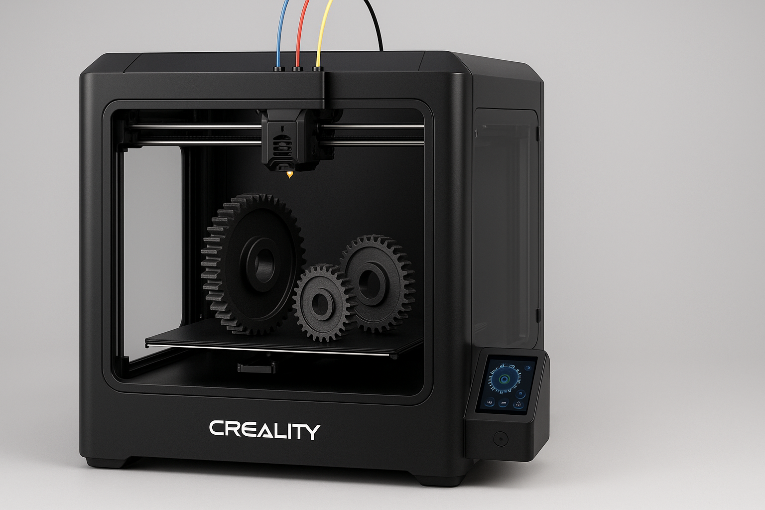 A Creality 3D printer with black frame and transparent front panel, showing three black gears inside. The printer has a touchscreen control panel on the right side and three colored filament tubes on top.
