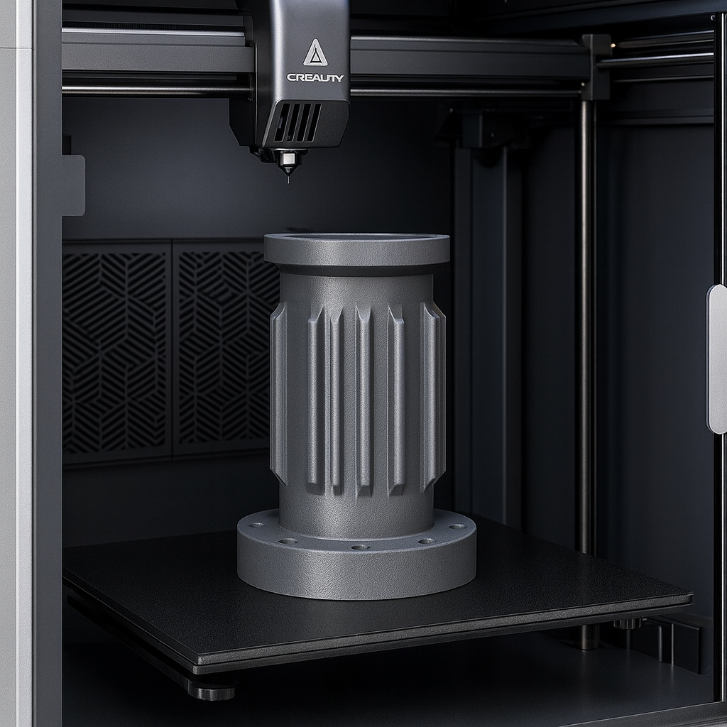 A 3D printer from Creality printing a cylindrical metallic object.