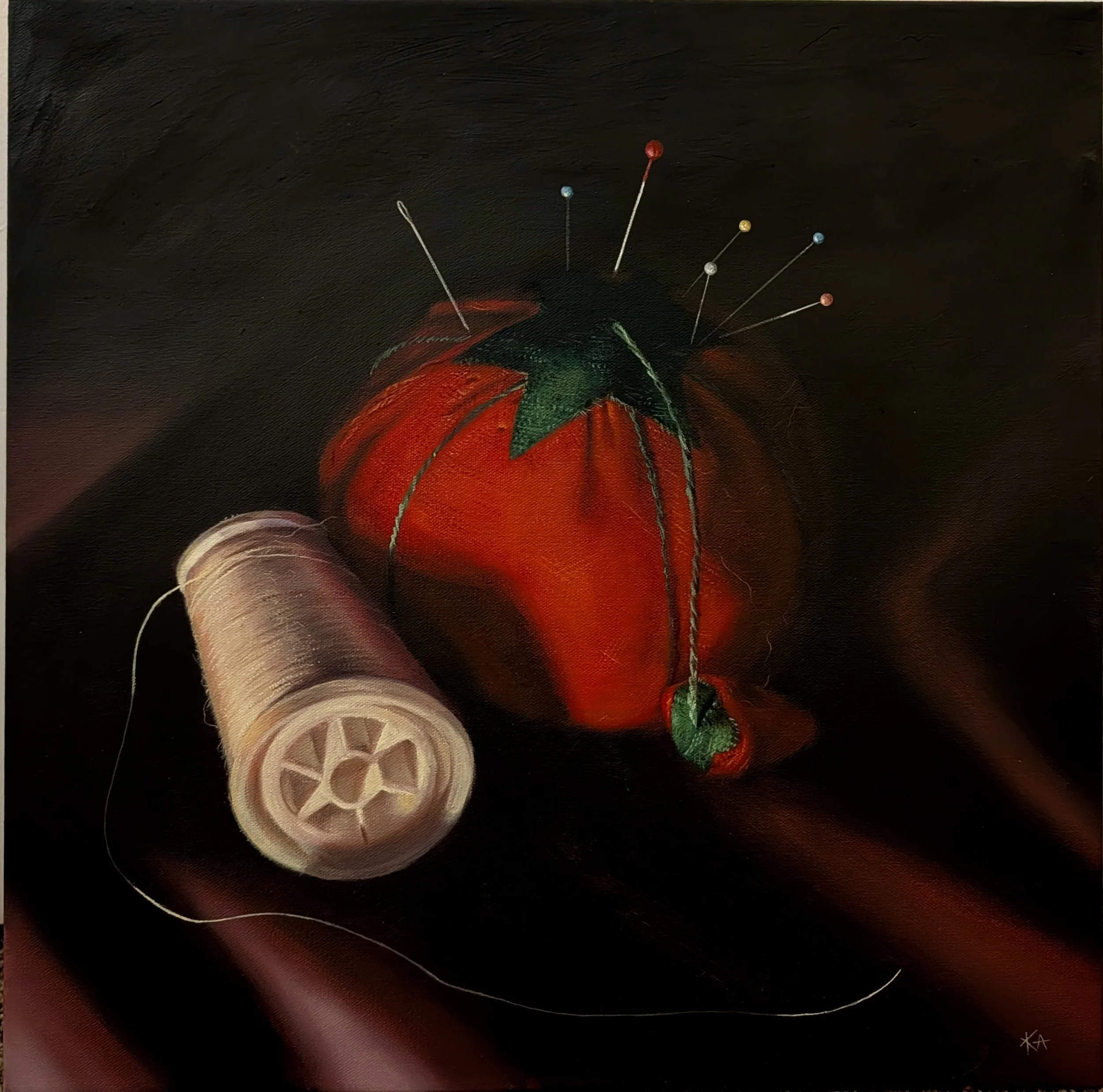 Title: Pincushion by Candlelight
Medium: Oil on Canvas
Dimensions: 20" x 20"
Year: 2026
Price: $1,300 (unframed)