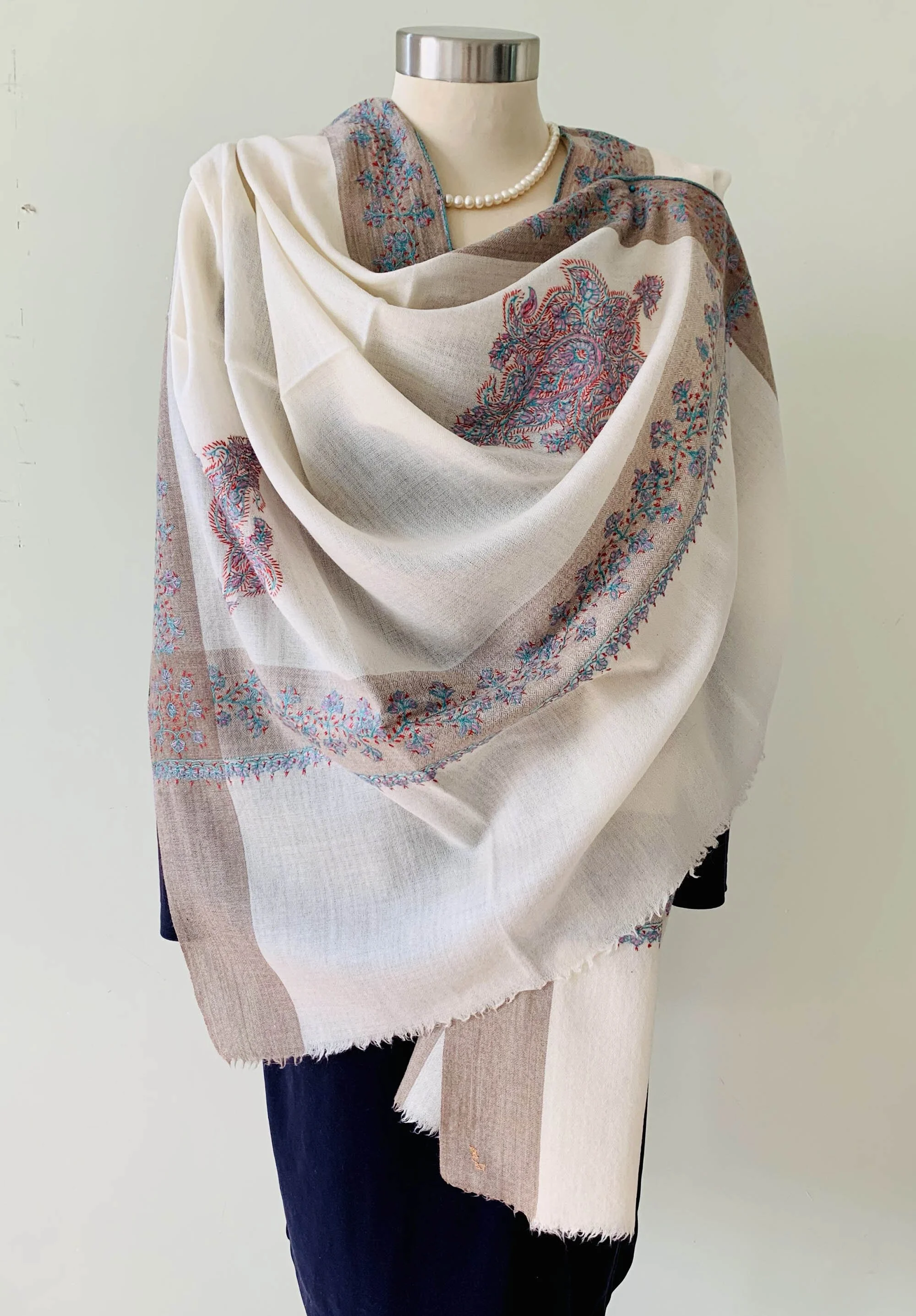 Cream Scarf with Embroidered Border and Corner Motifs