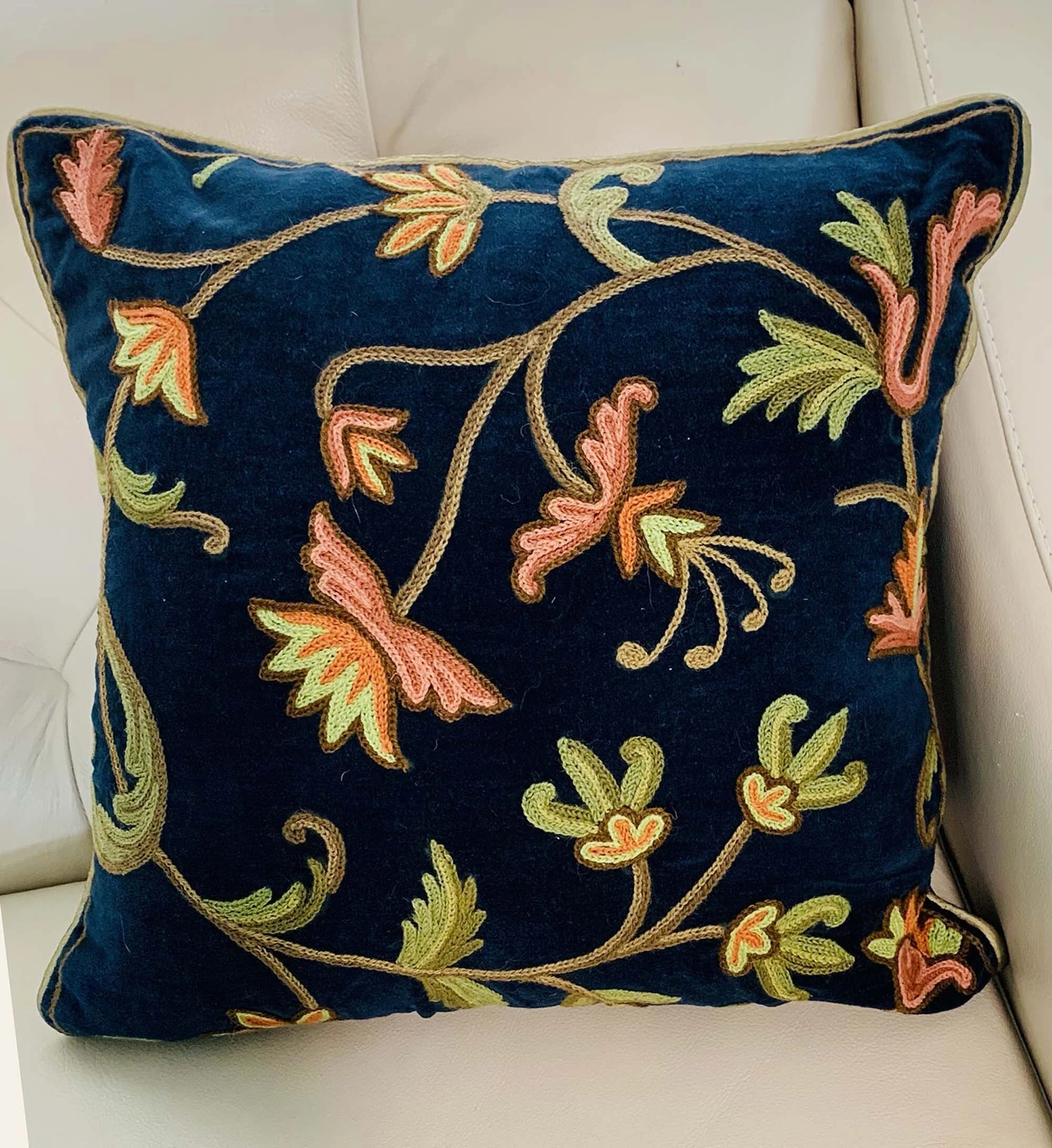 Pink Flowers on Blue Velvet Pillow Cover