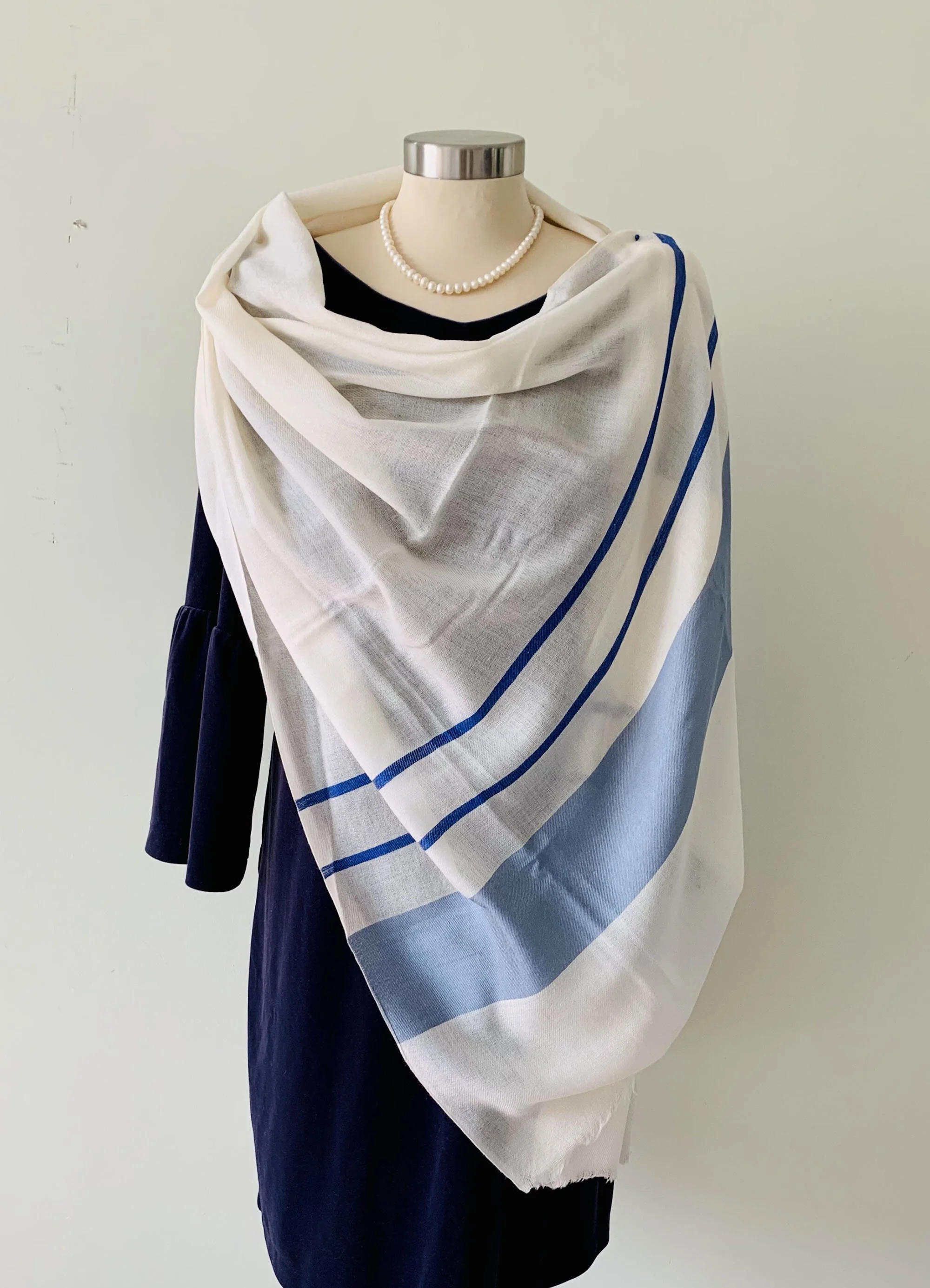 Cream Shawl with Blue Striped Border