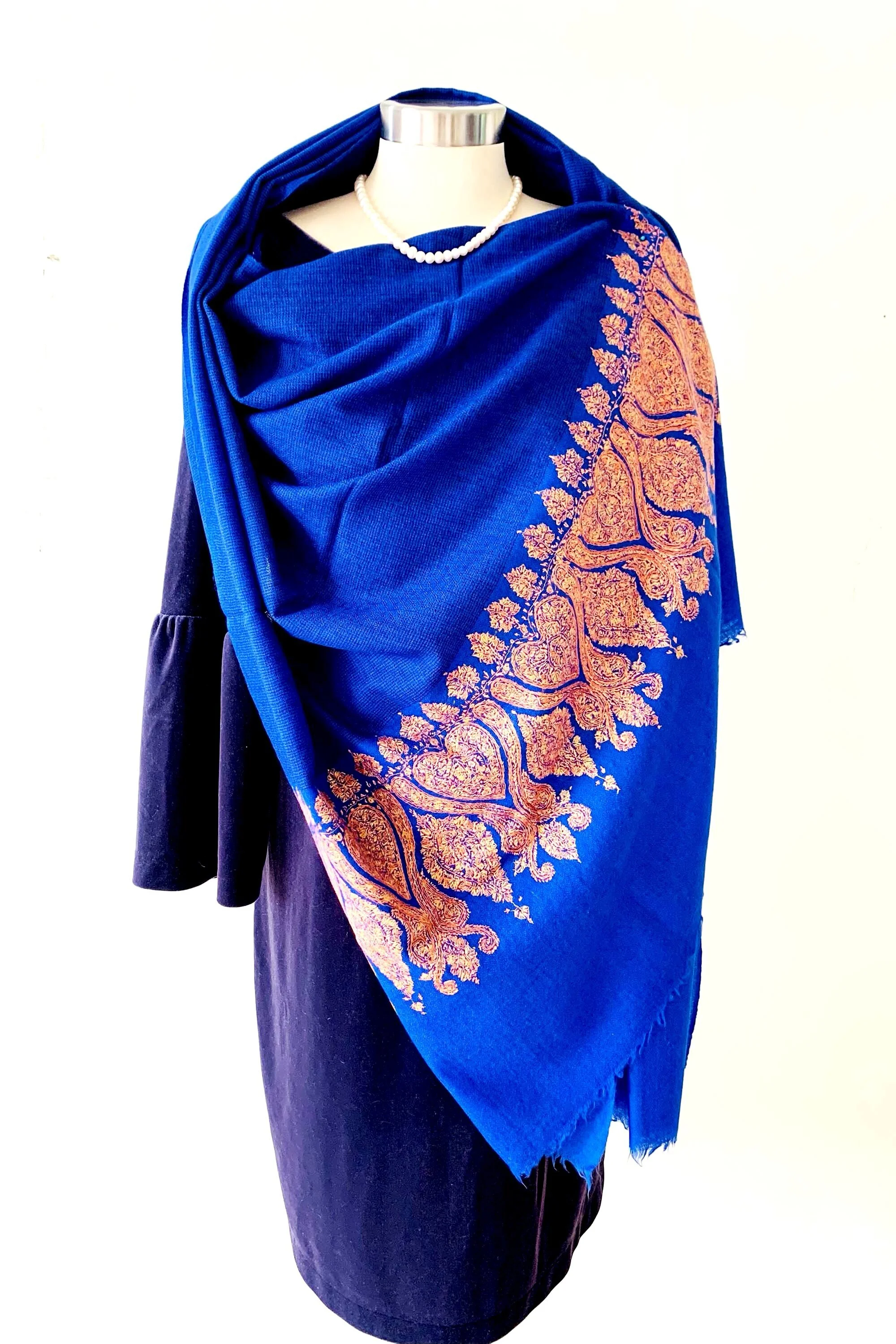 Royal Blue Scarf with Sozni Embroidery