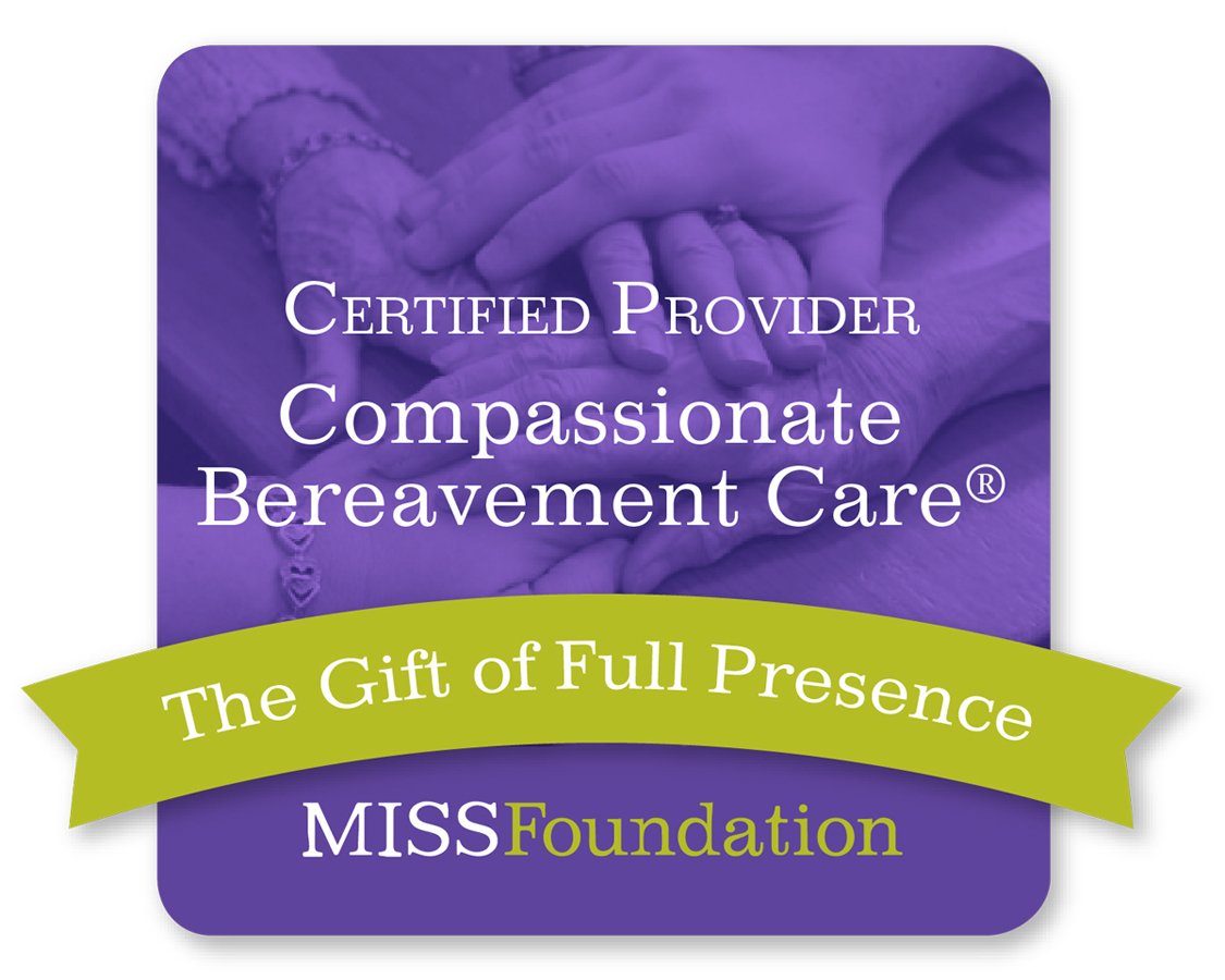 Purple card with hands holding a bracelet, text reads 'Certified Provider Compassionate Bereavement Care. The Gift of Full Presence. MISS Foundation'.