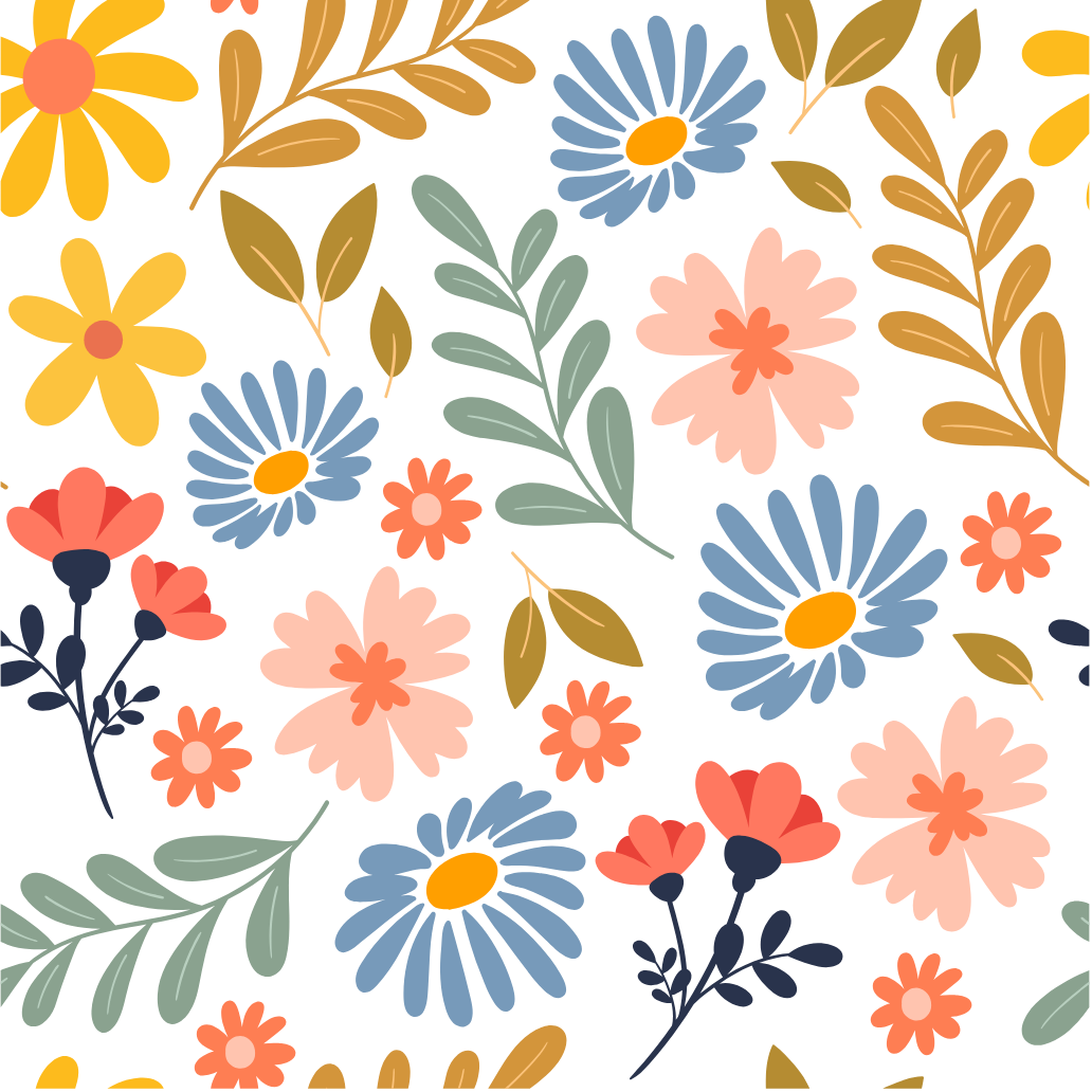 Pattern of colorful flowers and leaves on a black background, including yellow daisies, pink flowers, blue daisies, and various green and brown leaves.