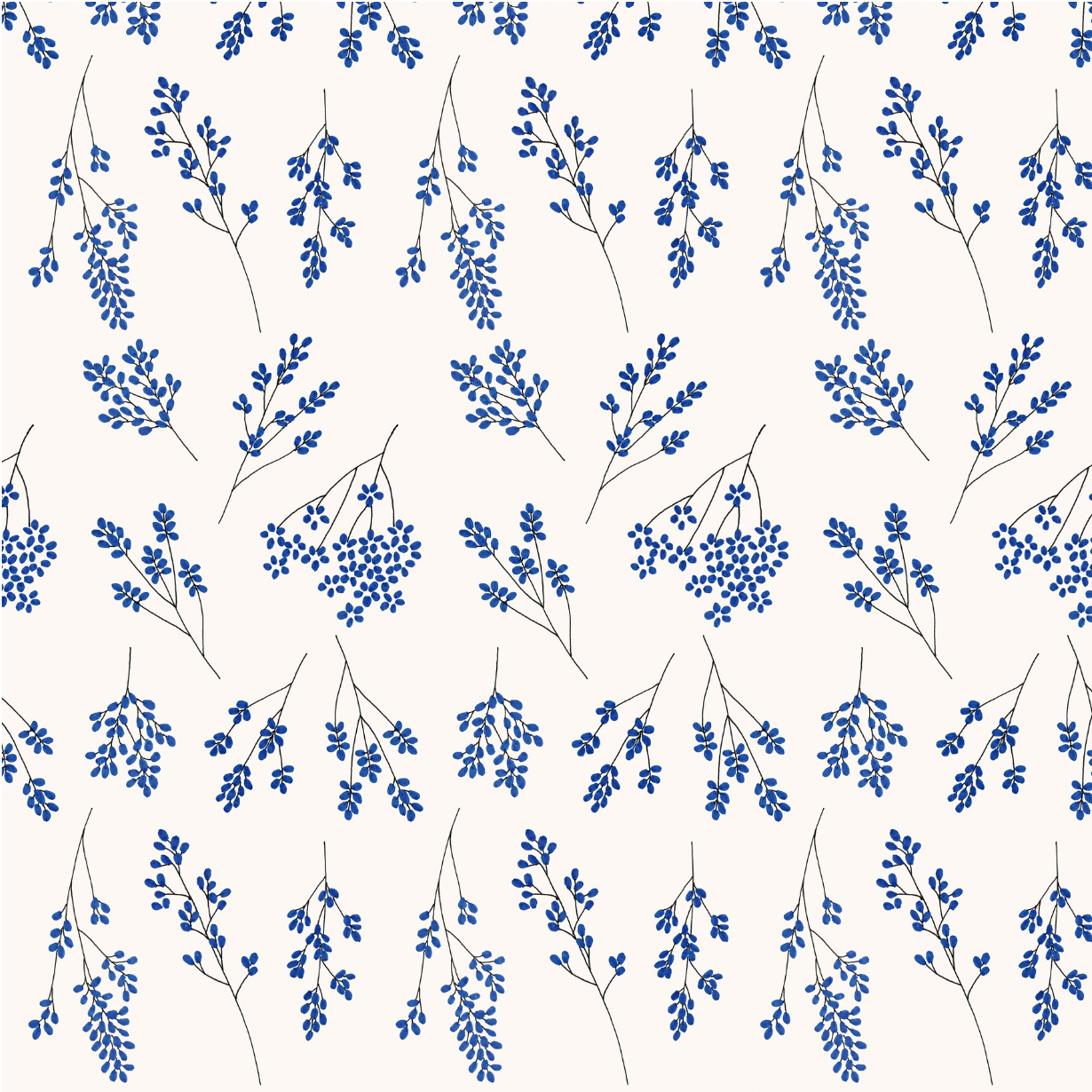 Pattern of blue floral branches on a white background.