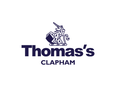 Thomas's Clapham logo featuring a unicorn and a shield on a white background.