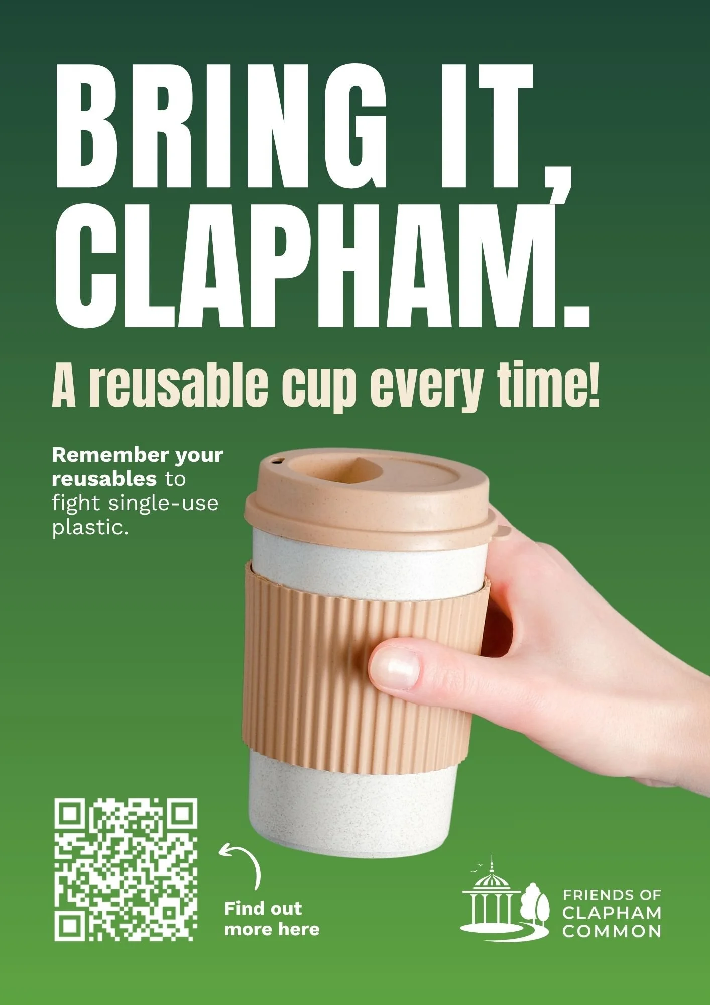 Poster with a reusable cup central