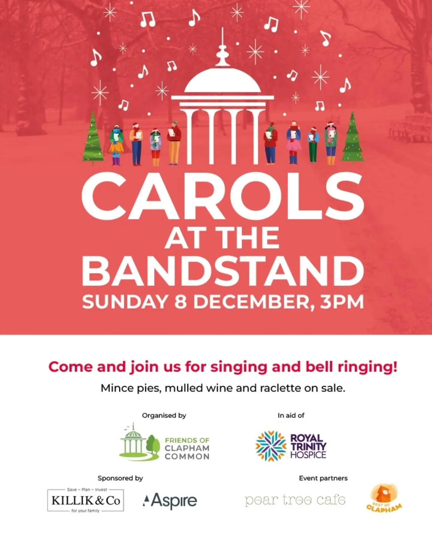 🔔 CAROLS AT THE BANDSTAND 🔔
SUNDAY 8TH DECEMBER, 3PM

@thefriendsofclaphamcommon will be raising money in aid of @royaltrinityhospice to support the fantastic work they do! 

This event would not be possible without the support of our sponsors @hou