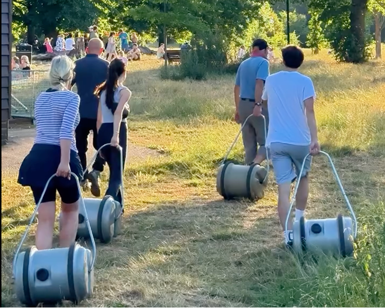 People with water barrels