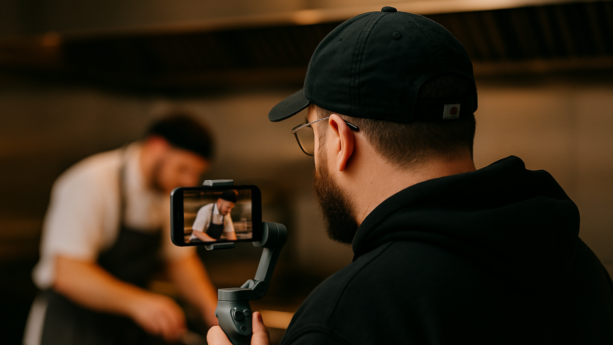 A man with a black cap and glasses is recording a chef with a camera stabilizer in a warm, wooden environment.