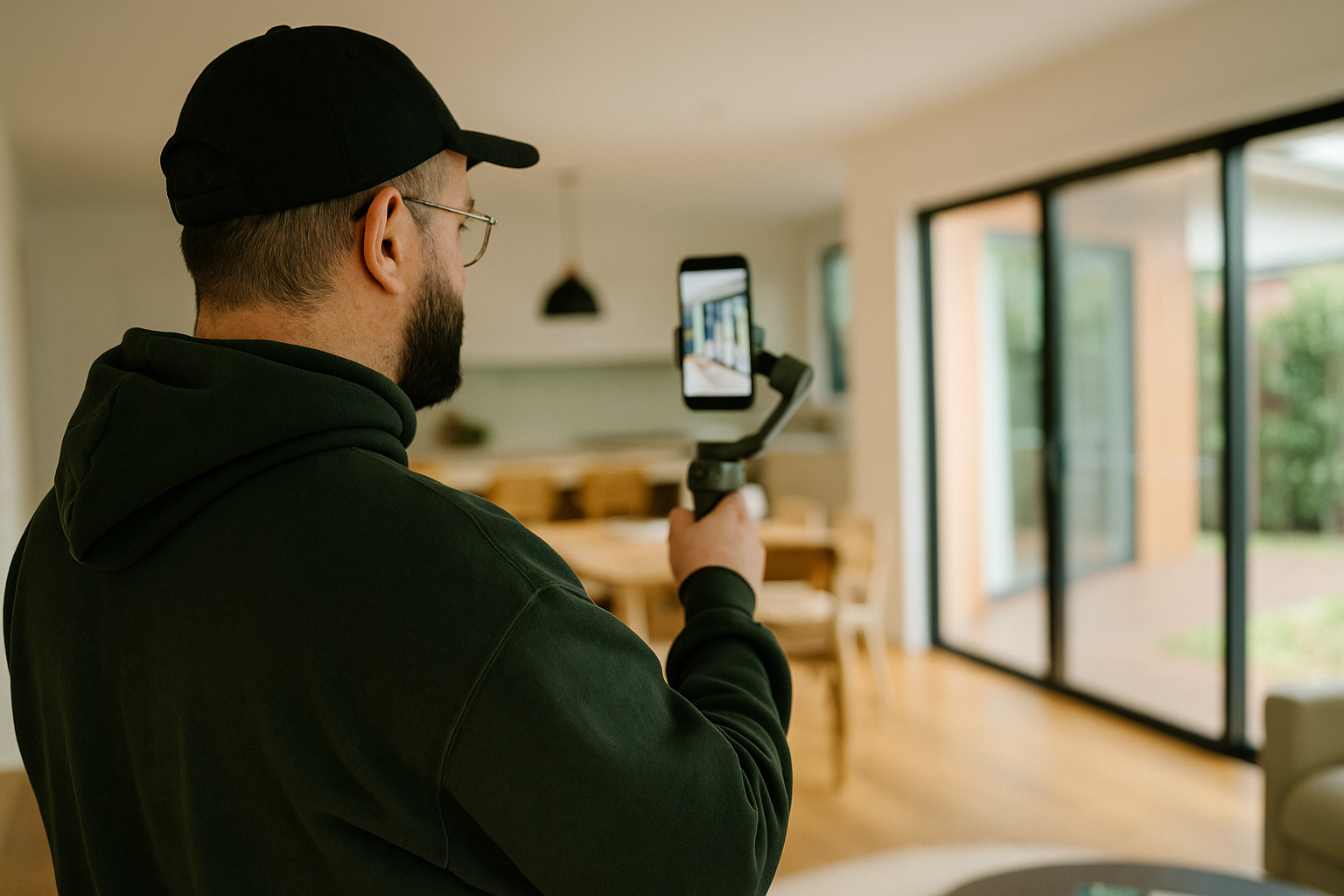 A man with glasses and a beard in a black hoodie and cap holding a camera stabilizer with a smartphone attached, filming or taking photos inside a modern, well-lit home with large glass sliding doors and a wooden dining table.