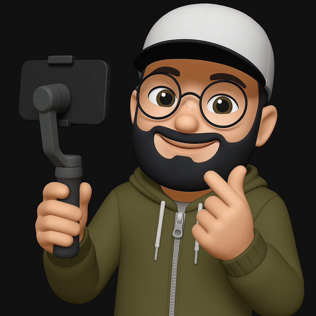 Animated character with glasses, a beard, and a baseball cap, holding a phone on a selfie stick and smiling, against a black background.