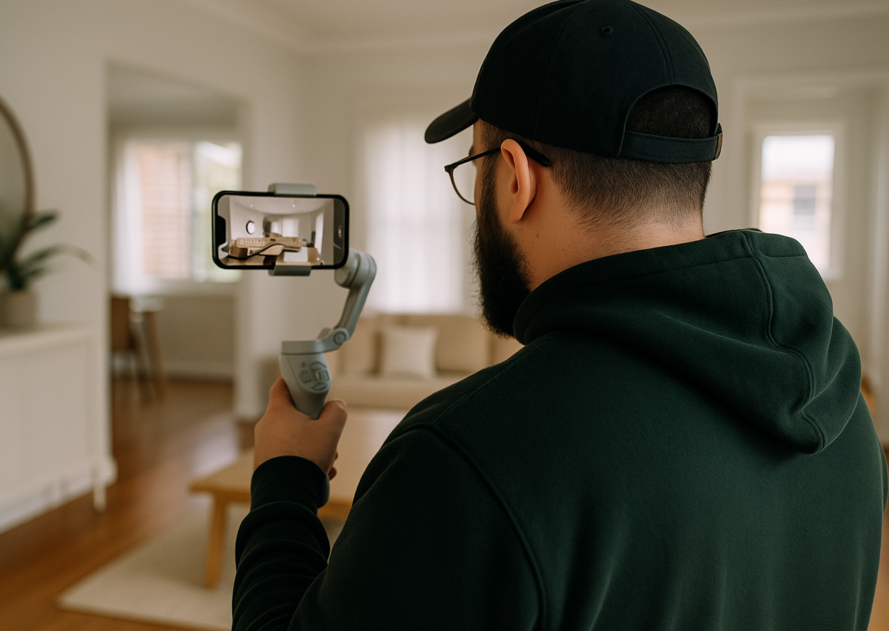 Man with beard wearing black cap and hoodie recording video with smartphone mounted on handheld stabilizer inside a bright living room.