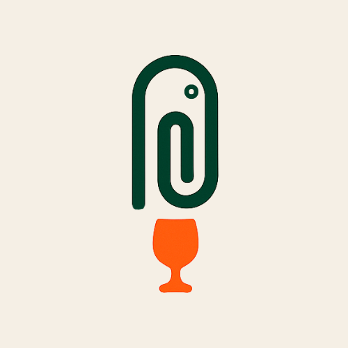 Minimalist logo combining a paperclip and a chalice with a small dot above, in black, orange, and off-white colors.