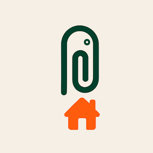 A digital illustration of a green paperclip above a small orange house icon.