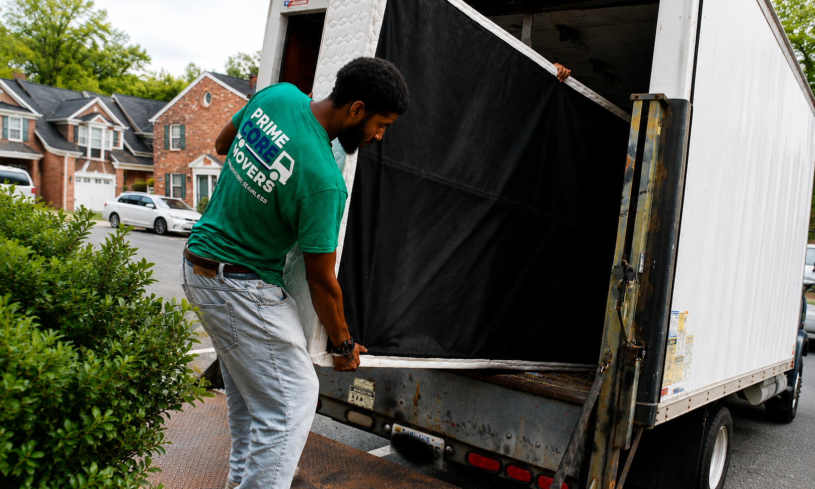 A man loading furniture into a moving truck on a residential street.