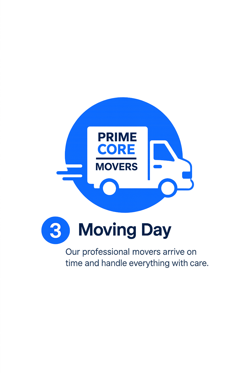 Promotional flyer for Prime Core Movers featuring a delivery truck graphic, the number 3 badge with the text "Moving Day", and a brief description about professional movers arriving on time to handle everything with care.