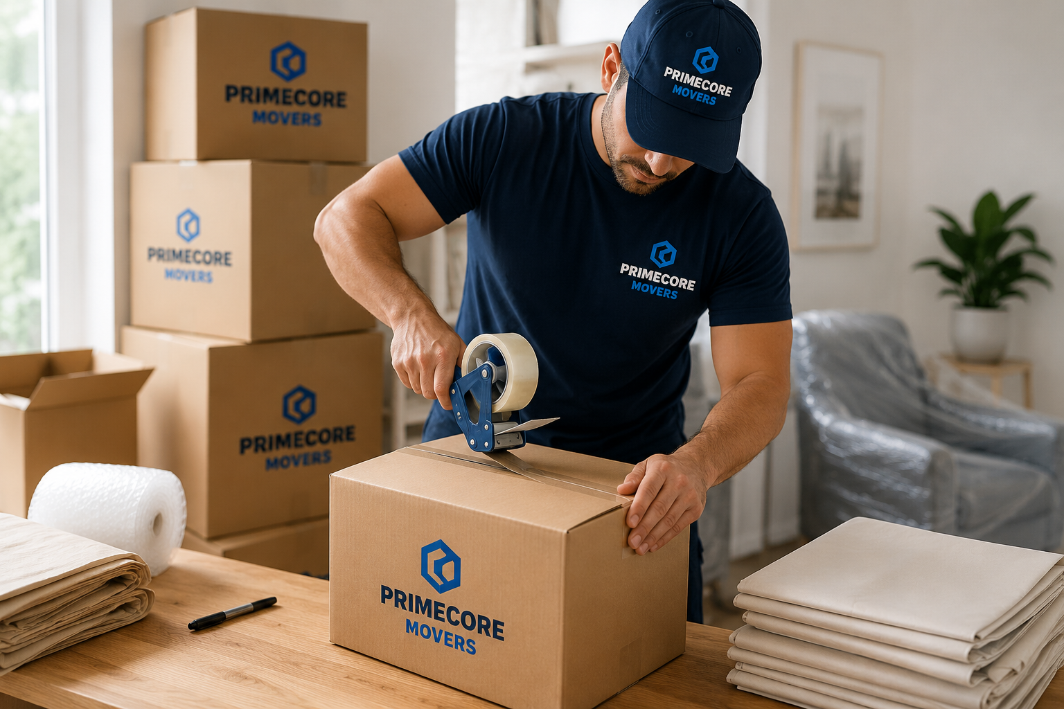 A mover sealing a cardboard box with packing tape in a home setting, surrounded by stacked boxes labeled 'Primecore Movers' and packing supplies.