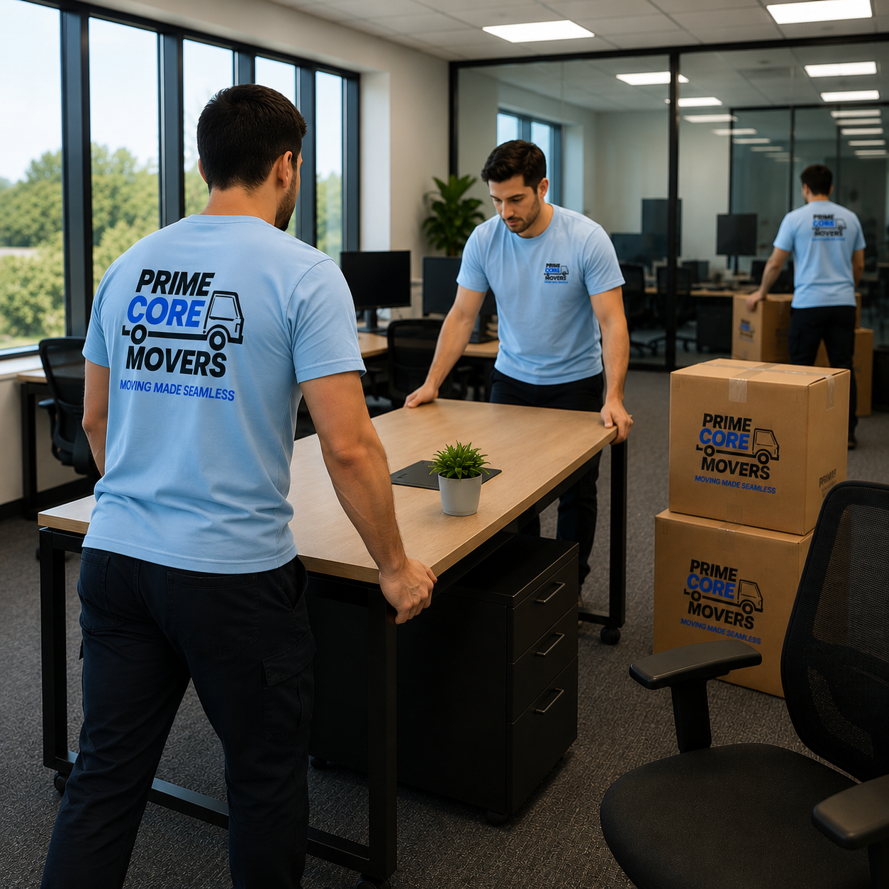 Two movers in light blue shirts arranging a wooden desk in an office with large windows, stacked boxes nearby, and a small potted plant on the desk.