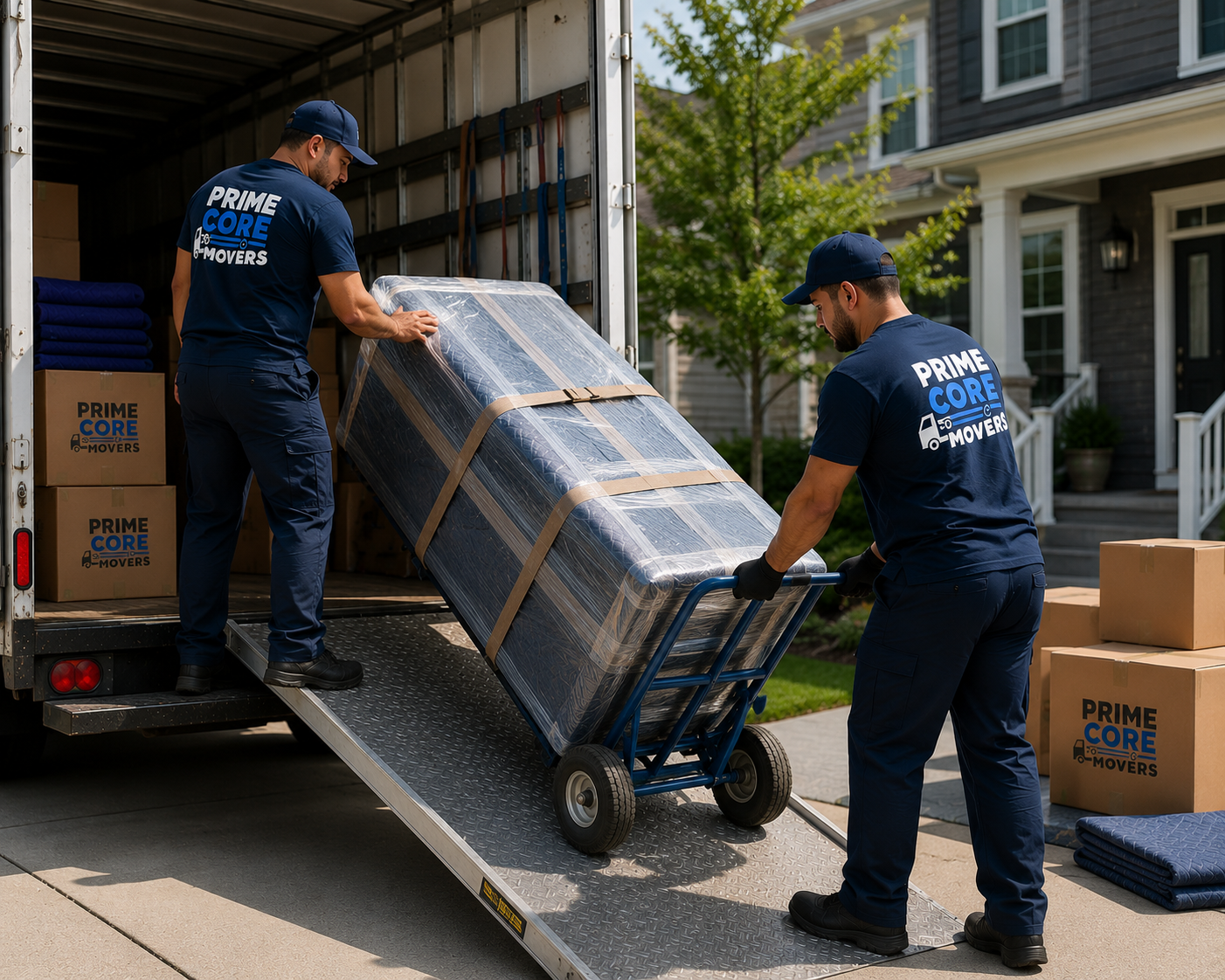 Two movers in uniform loading a large wrapped piece of furniture onto a truck using a dolly.