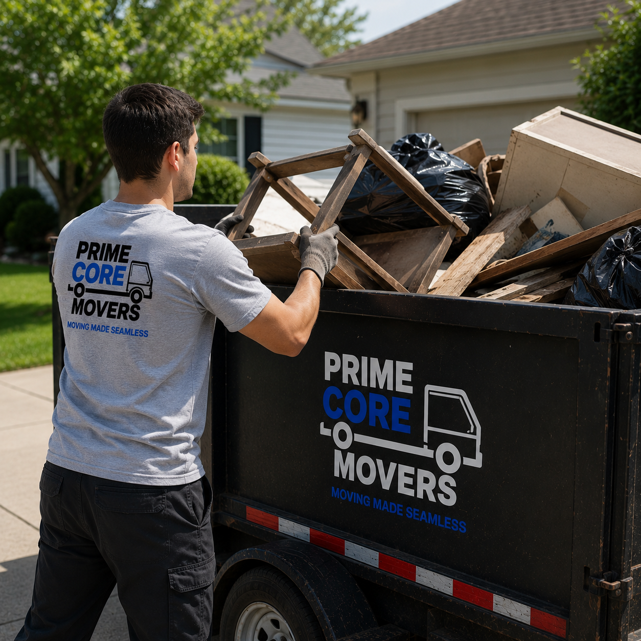 A man in a gray T-shirt and black pants is loading debris into a black moving trailer with the company's logo, "Prime Core Movers," on the side. The trailer is filled with trash and wooden furniture, and the scene is outdoors near a house with green trees and a clear sky.