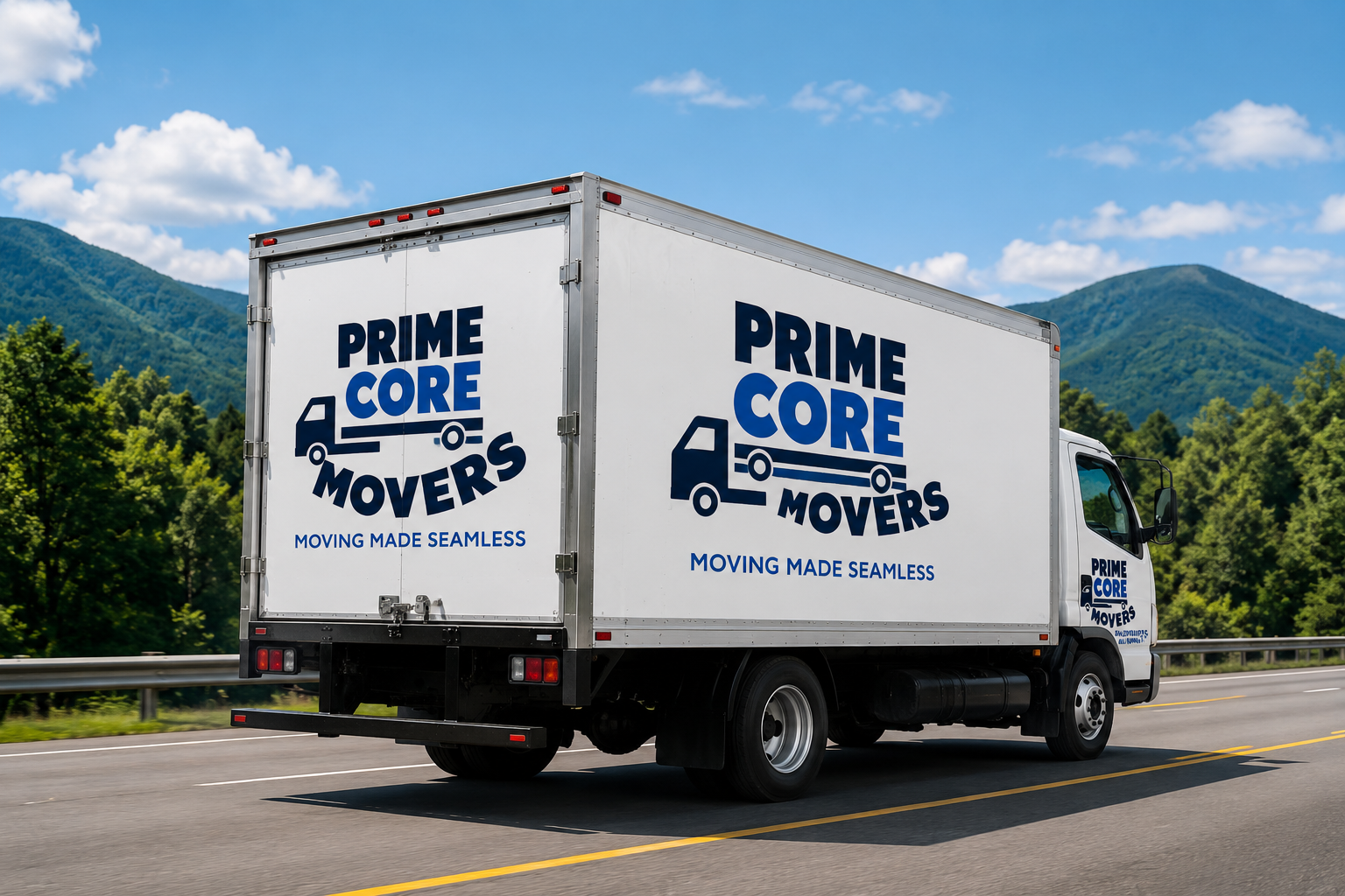 A white moving truck with blue logo and text 'Prime Core Movers' driving on a highway surrounded by green mountains and trees.