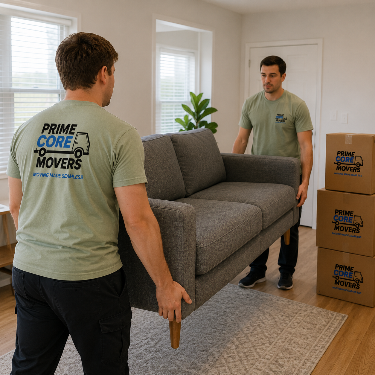 Two movers from Prime Core Movers are carrying a gray sofa into a living room, with stacked boxes nearby. The room has white walls, windows with blinds, and a potted plant.