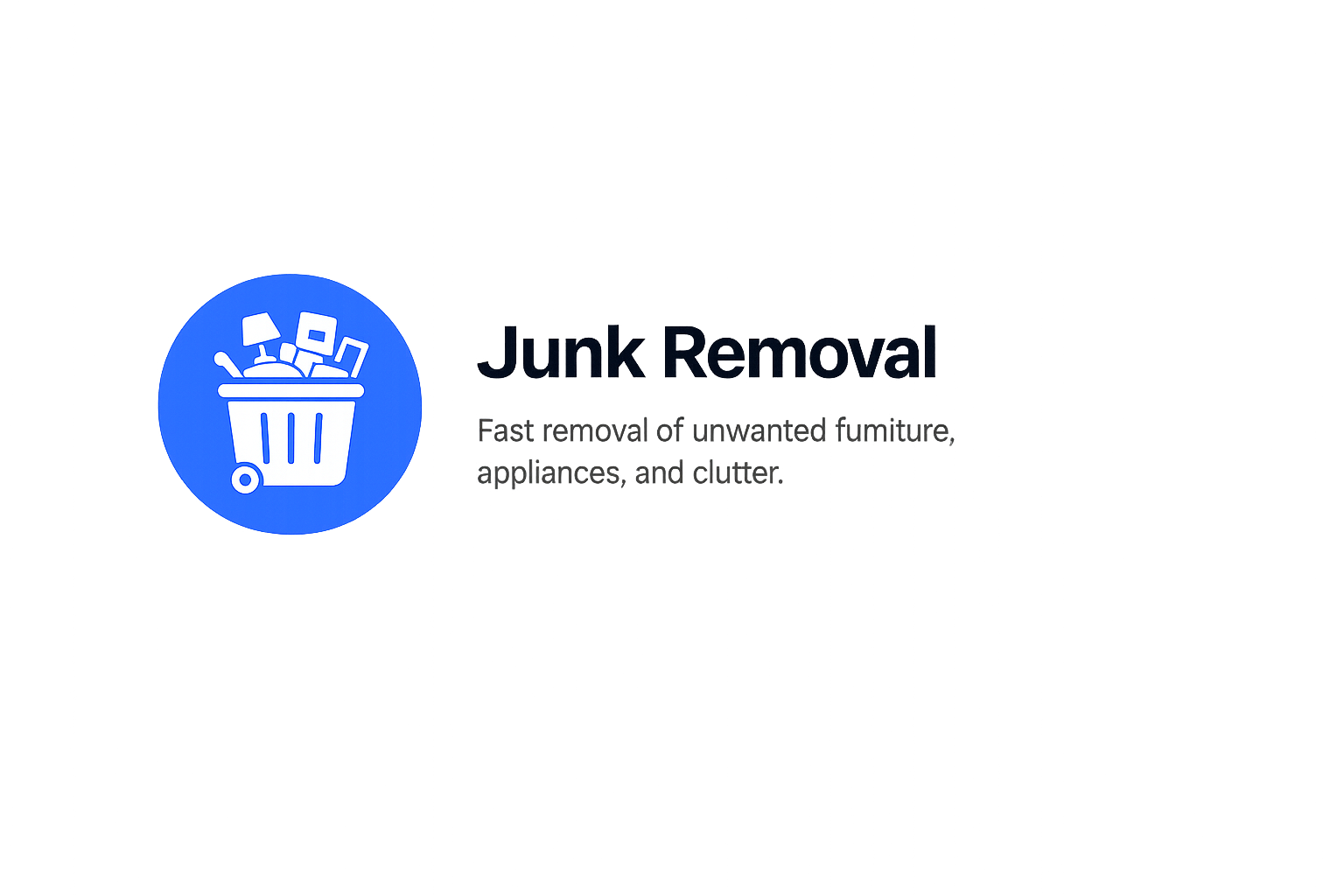 Blue icon of a trash can filled with various items such as a lamp, computer, and photo, representing junk removal, with partially visible text that reads 'Junk Removal' and a description about removing unwanted furniture, appliances, and clutter.