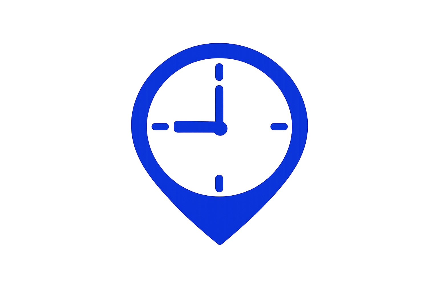 Blue clock icon with a map pin shape, indicating location or time.