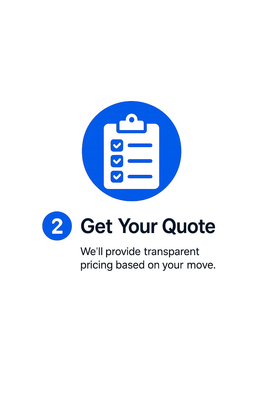 Step 2 of a process, titled 'Get Your Quote,' featuring a blue icon of a checklist on a clipboard, with text indicating that transparent pricing is provided based on your move.