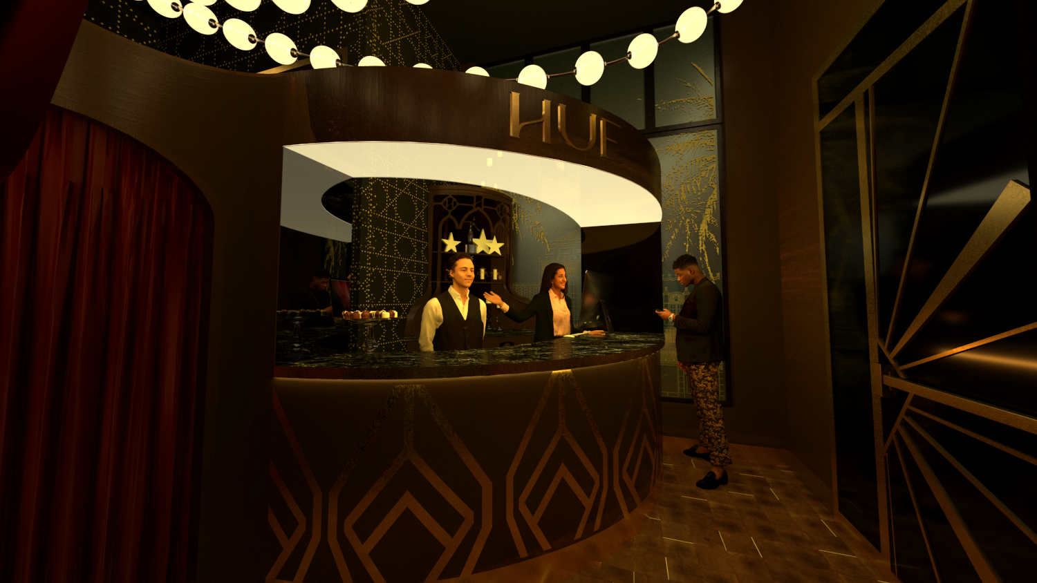 Hotel reception desk with two staff members and a guest, decorated with gold and black accents, modern lighting, and the sign 'HUF' behind the counter.